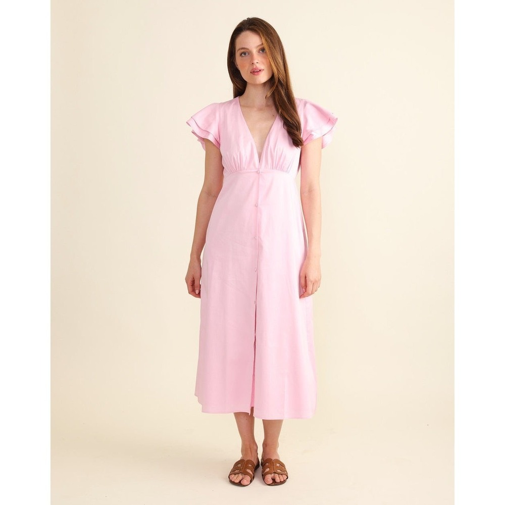 Sedge Frances Dress Spritz Pink Cotton Flutter Sleeve Button Front Midi Large